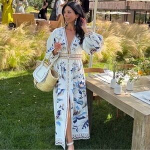 Farm Rio Mystic Blue Lotus Placed Print Long Sleeve Linen Blend Maxi Dress